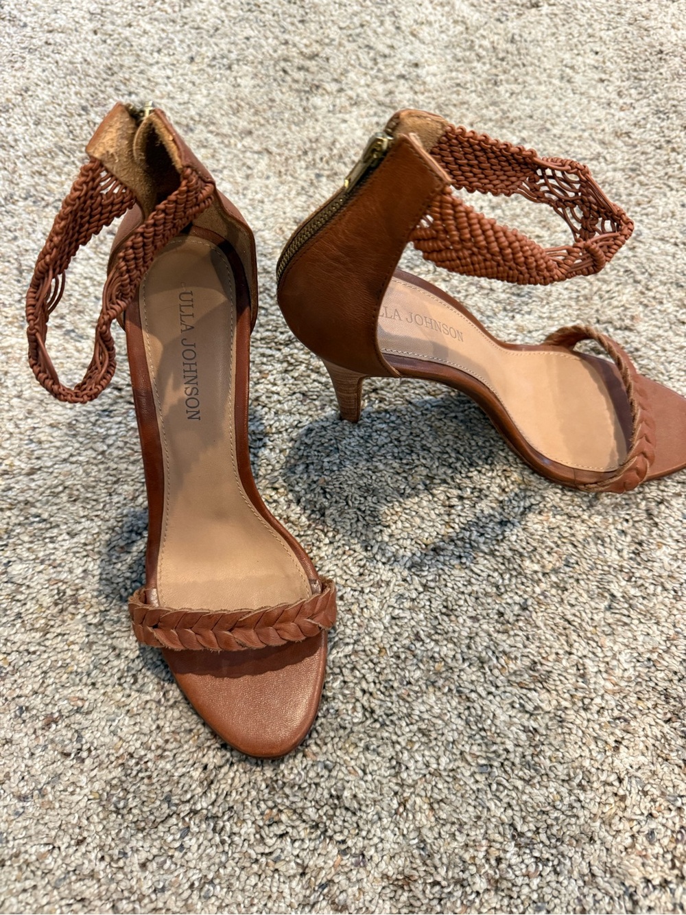 Ulla Johnson Cognac Braided Leather Ankle-Strap Heels